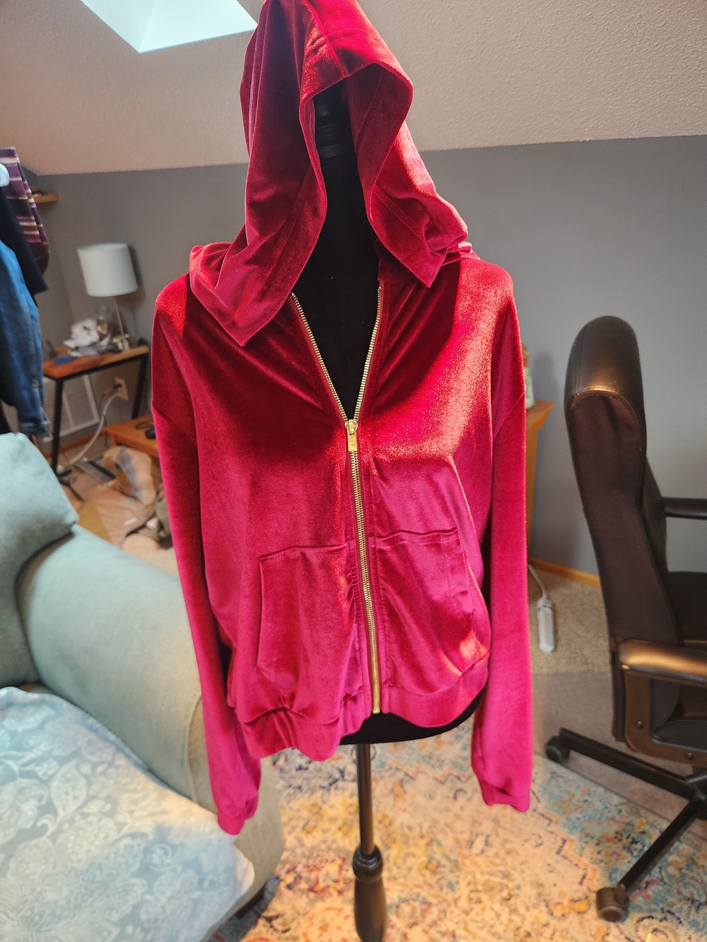Fabletics Red Velvet Zip Hoodie with Gold Zipper